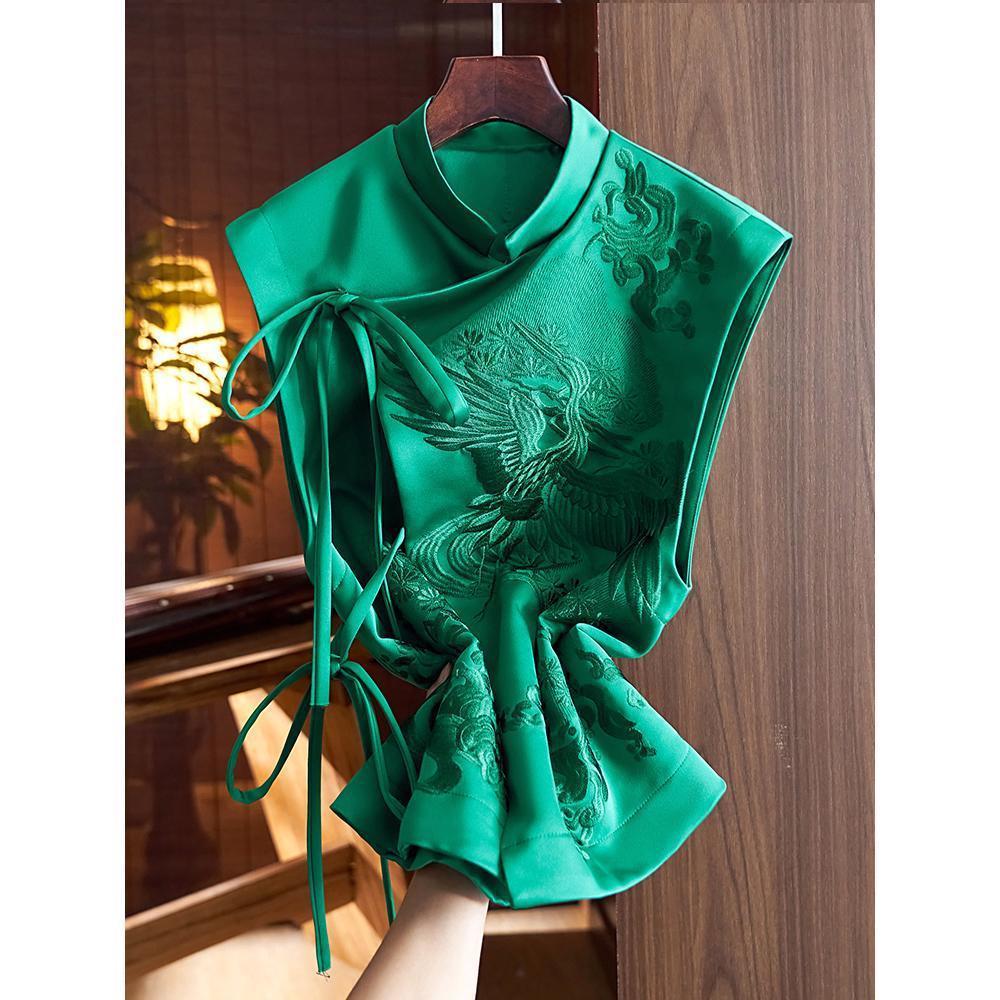 Chinese Style Vest Coat Retro Heavy Industry White Stork Embroidery Tie-neck