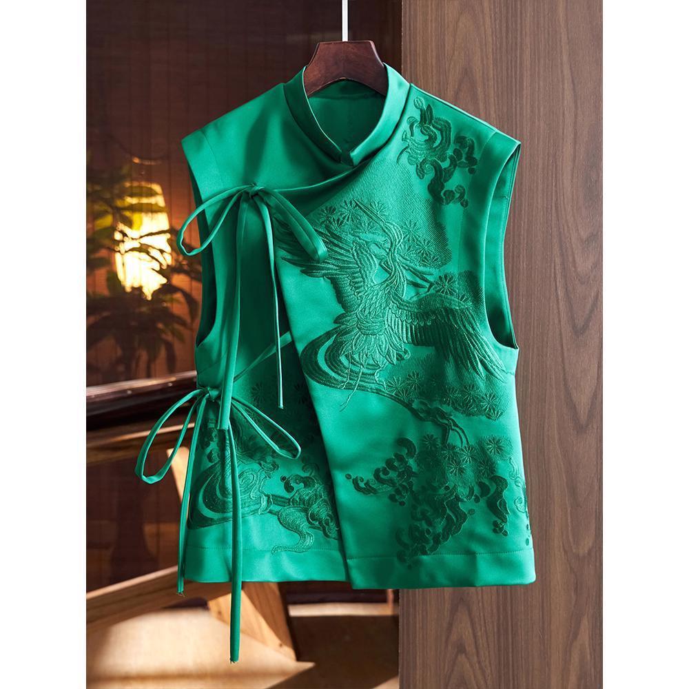 Chinese Style Vest Coat Retro Heavy Industry White Stork Embroidery Tie-neck